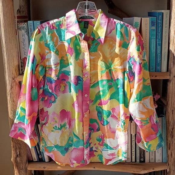 LAUREN Ralph Lauren Bright Abstract Floral Print Button Down Shirt Size P/S - Picture 1 of 4